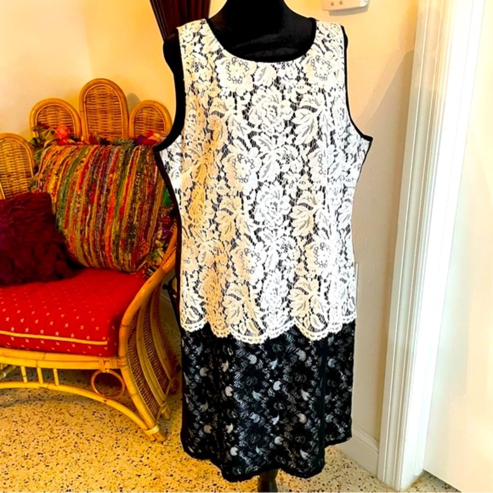 JESSICA HOWARD Black and White LACE Sleeveless Shift Dress! Special Occasion 16